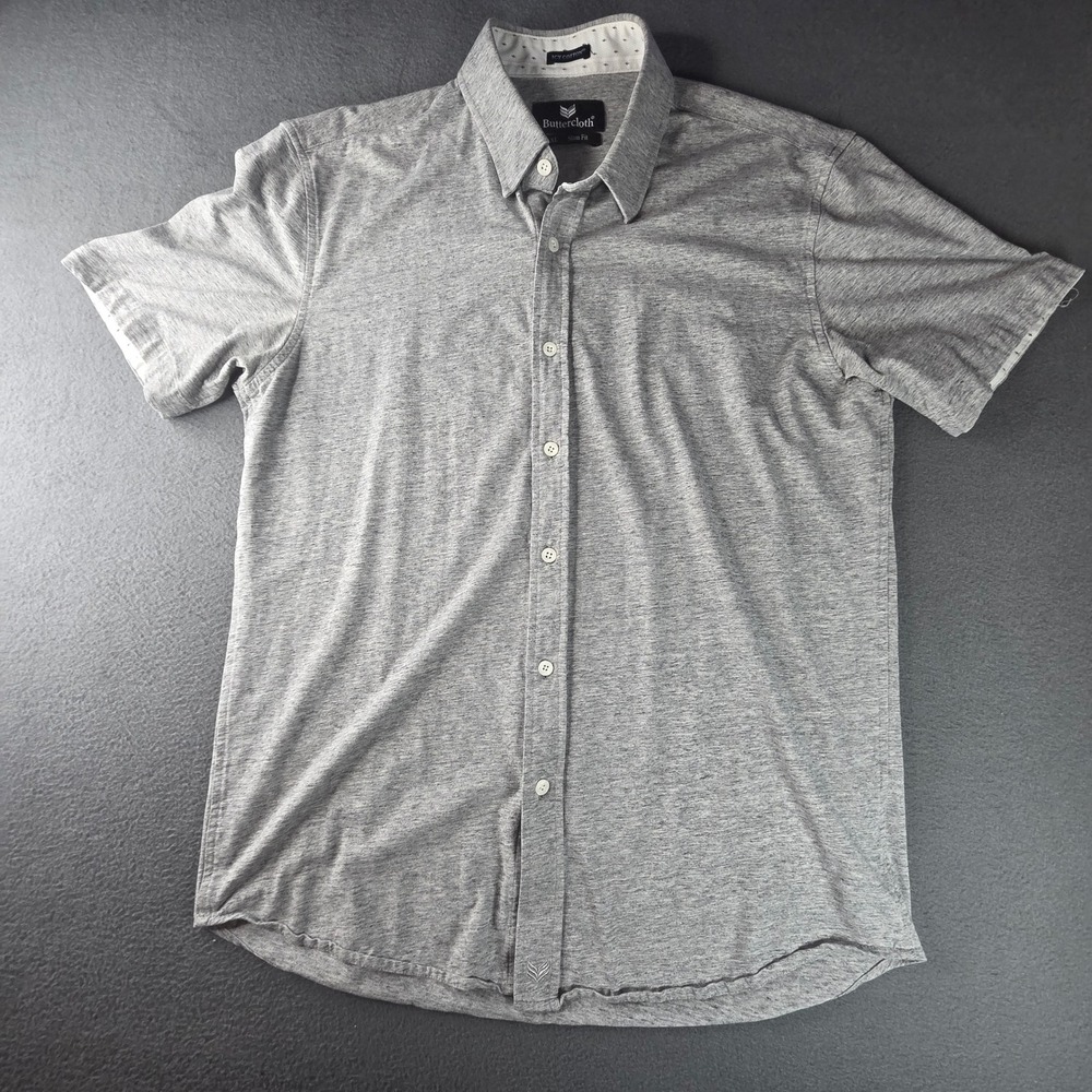 Buttercloth Icy Cotton Mens XL Slim Fit Short Sleeve Button Down Shirt Gray